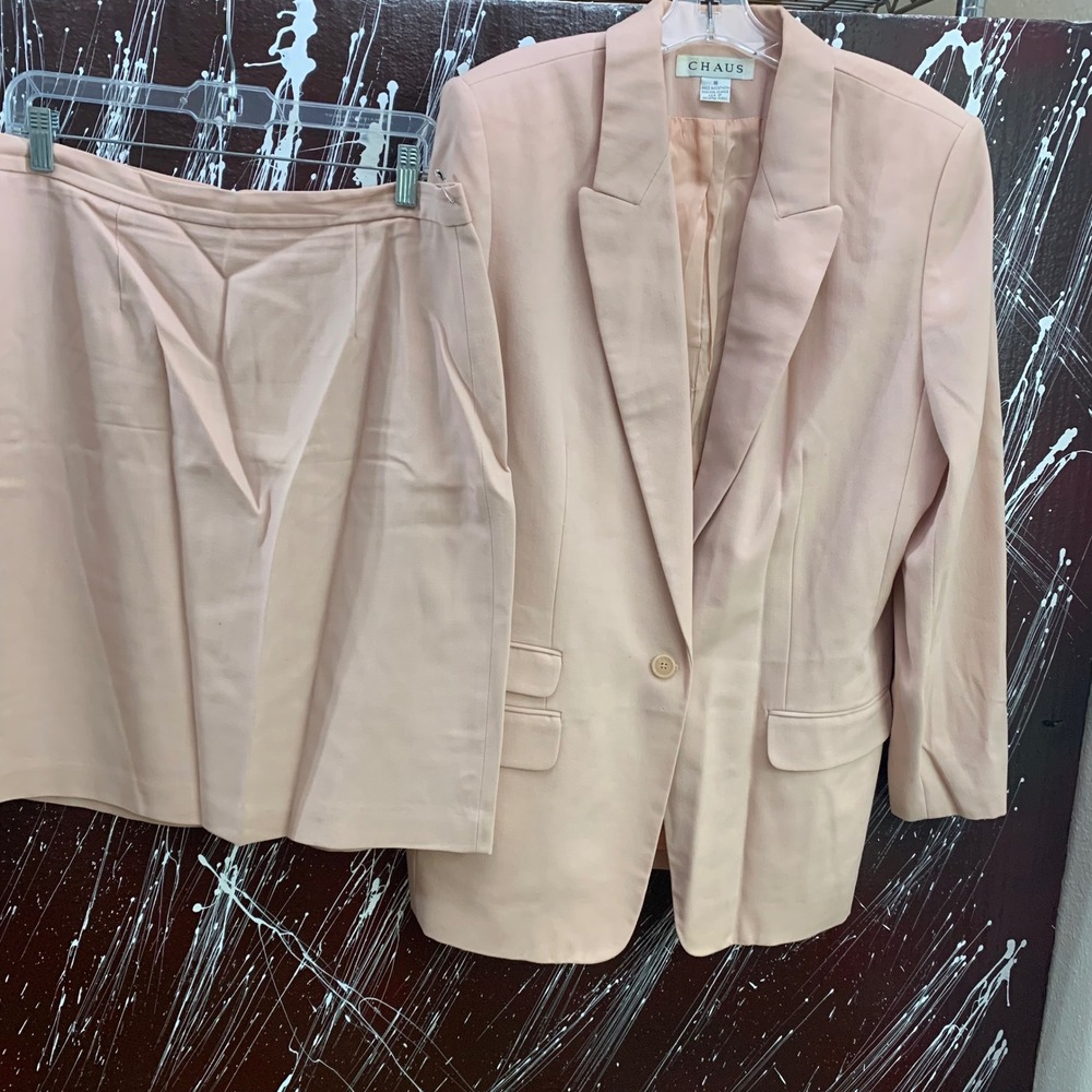 Vintage Chaus Peach Wool Skirt Suit Set Blazer Pencil Skirt Size 16 Pink USA